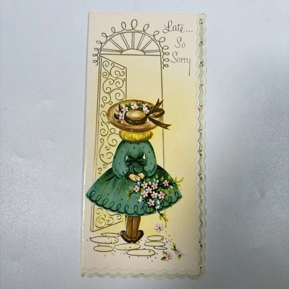 Vintage Golden Lustre Belated Birthday Greeting Card Scalloped Edge MCM Decor